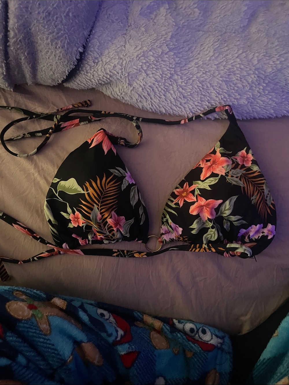 Shade & Shore Black Floral Triangle Bikini Top - Pink & Green Accents